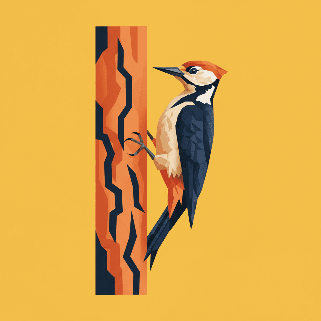 Flat geometric illustration of a woodpecker clinging to a vertical trunk