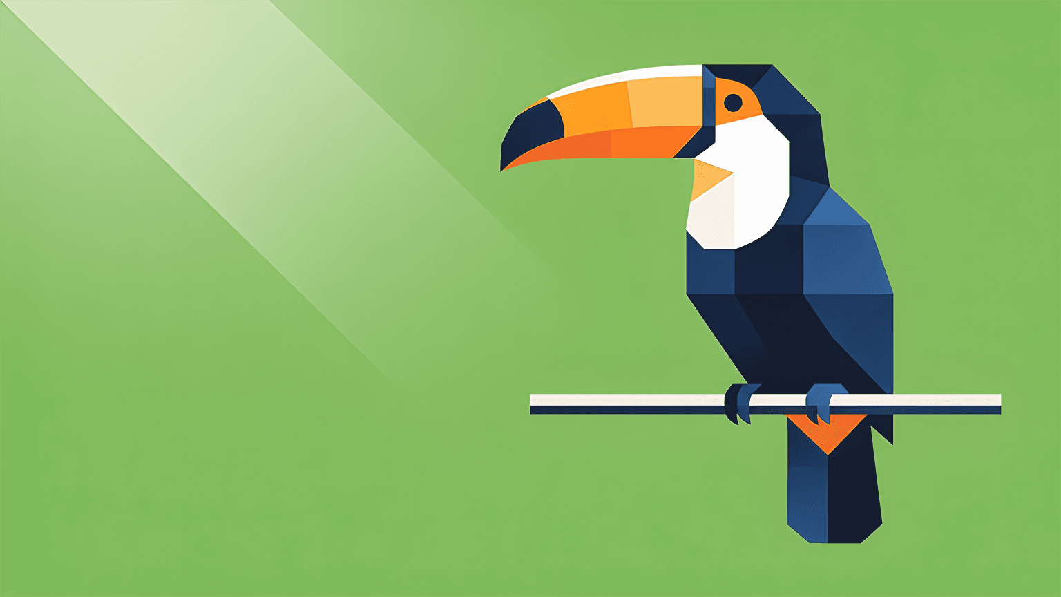 Flat geometric illustration of a toucan perched on a slim horizontal rod