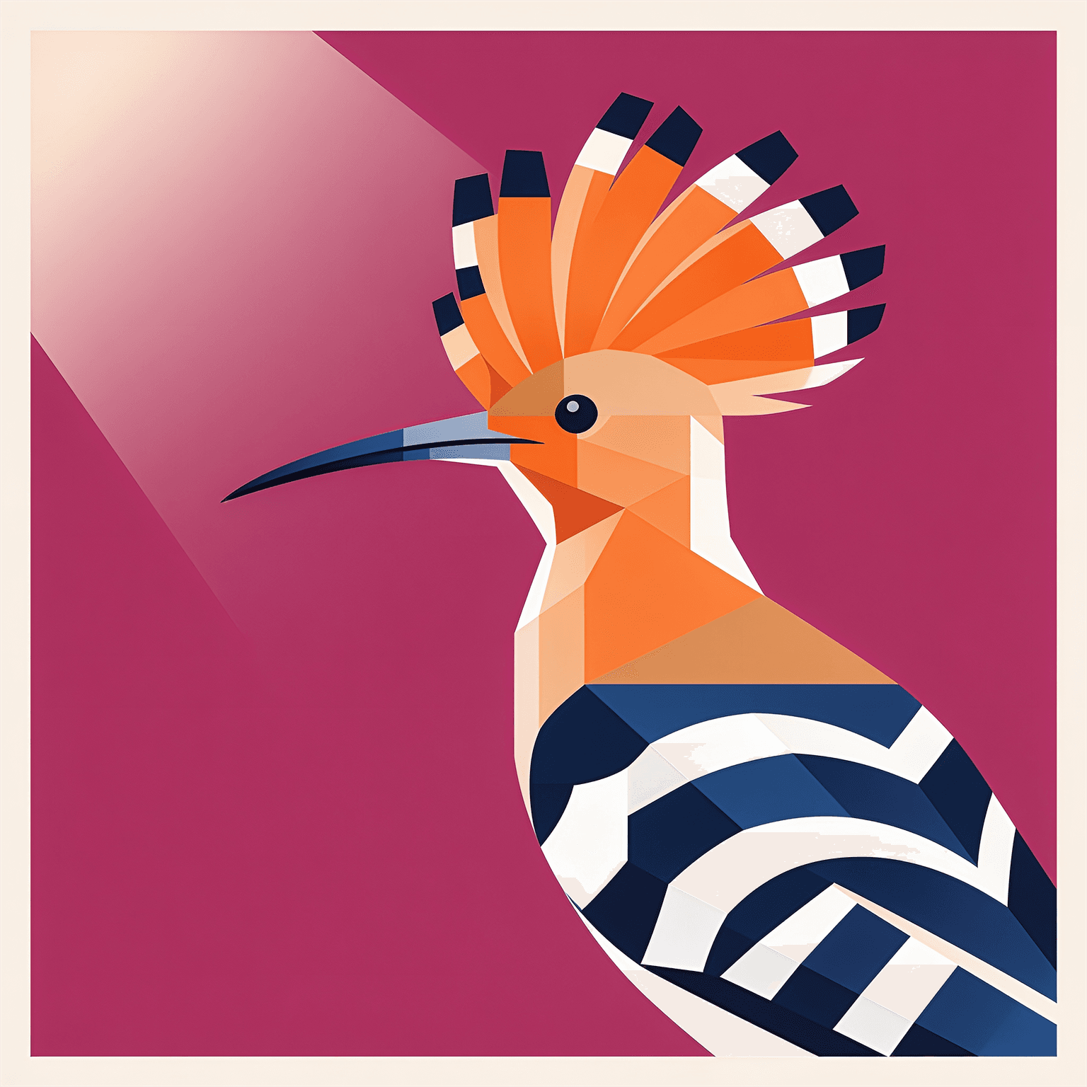 Flat geometric illustration of a hoopoe with a raised crest, side profile