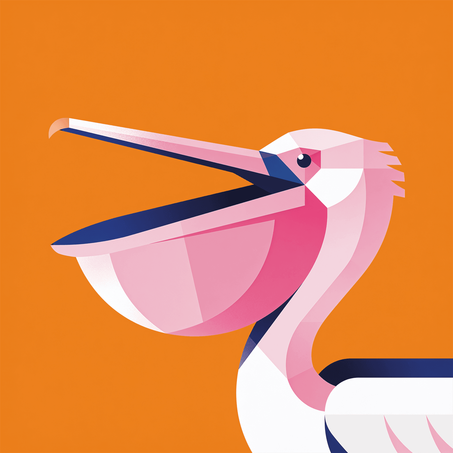 Flat geometric illustration of a pelican with a wide open pouch, side profile