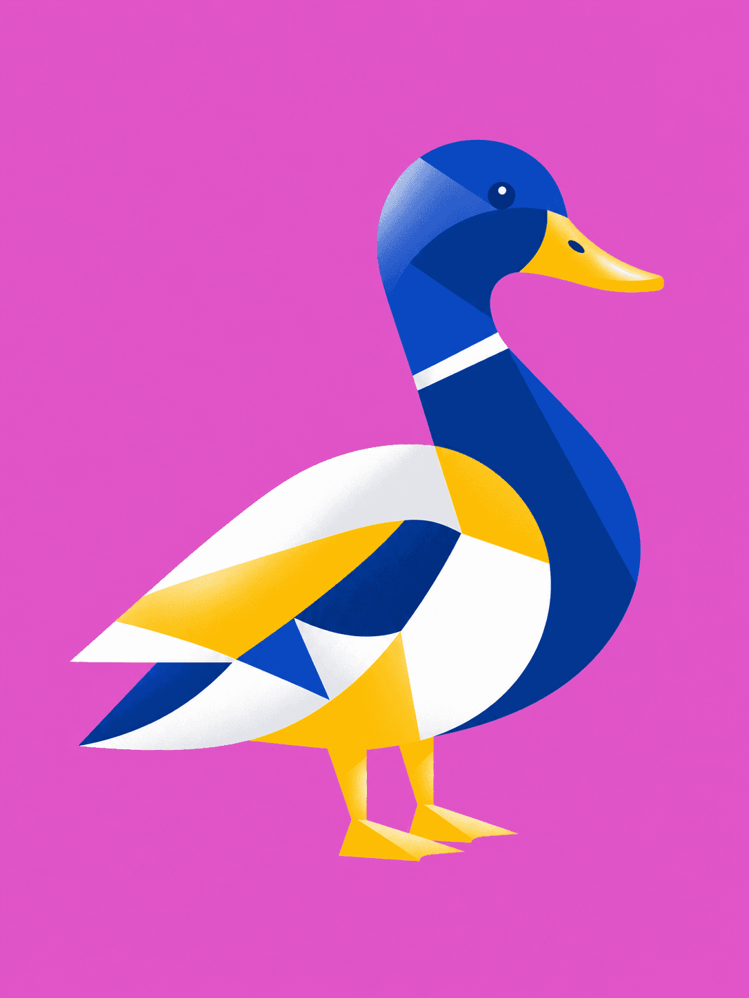 Flat geometric illustration of a mallard duck standing in profile facing right