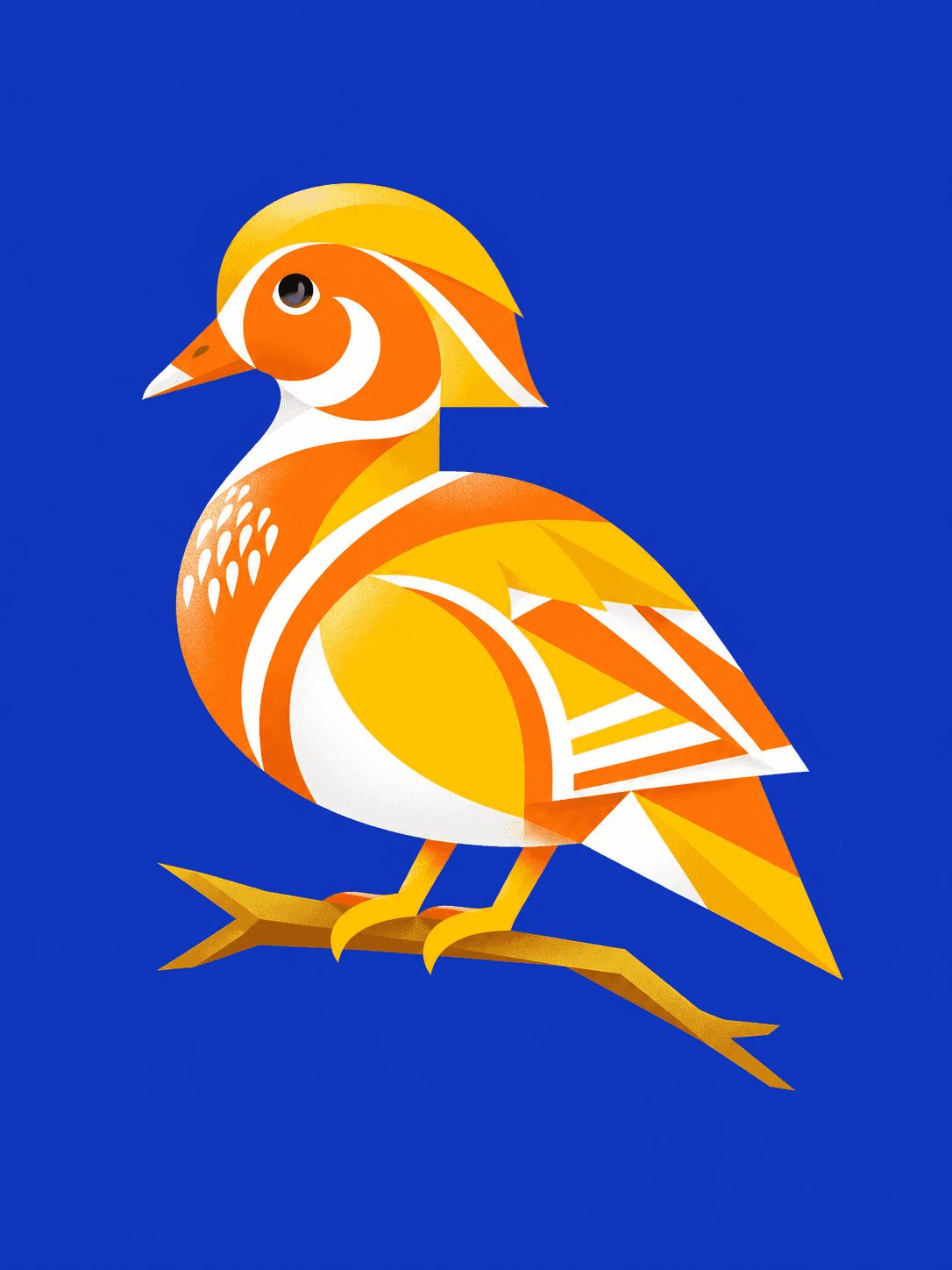 Flat geometric illustration of a wood duck perched on a thin branch facing left