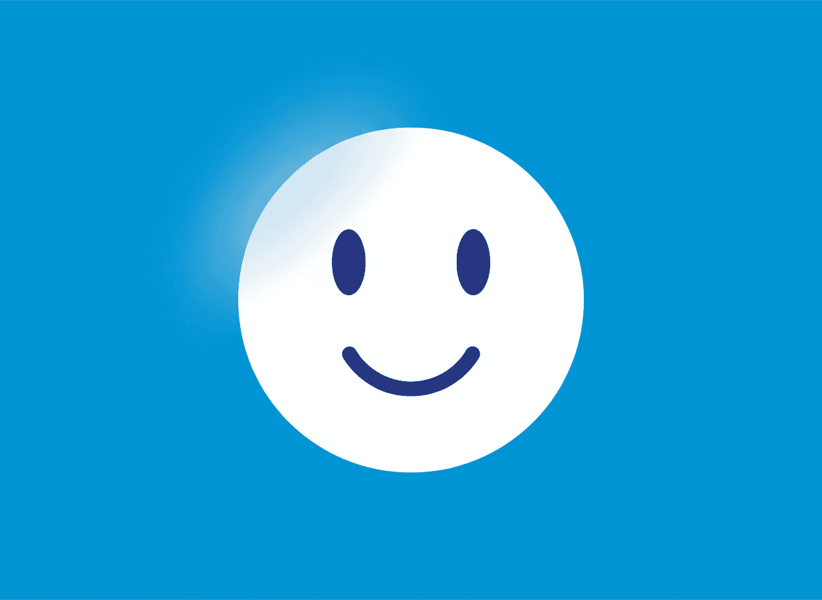 Flat geometric illustration of a round smiling face with two simple oval eyes
